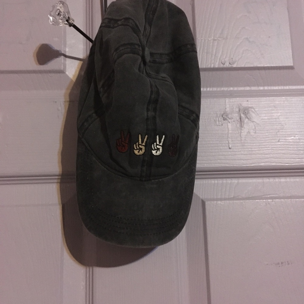 Washed Grey Baseball Hat with Multicolor Peace Hand Embroidery